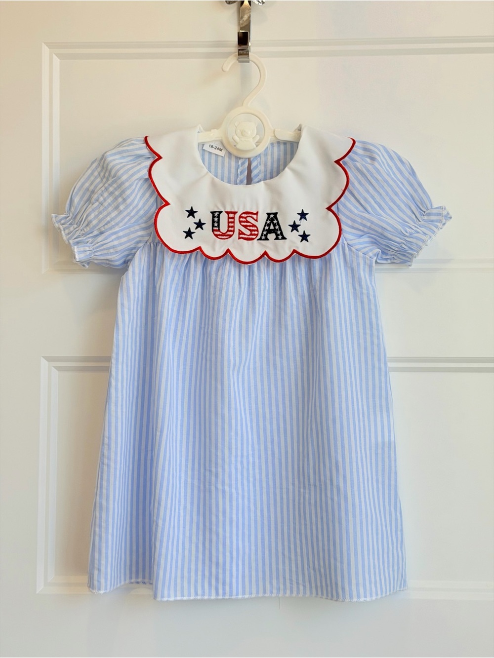 Blue Striped Girls' Embroidered USA Bib Dress